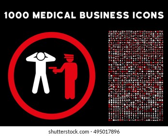 Red And White Arrest vector bicolor rounded icon. Image style is a flat icon symbol inside a circle, black background. Bonus clipart includes 1000 health care business elements.