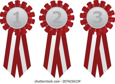 Red, white award rosette prize ribbon. Award rosette for 1st, 2nd, 3rd place, with ribbons, rosettes. Winner champion label. Vector illustration. Great for winners, goal achievement, progress concept