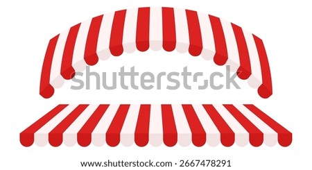 Red and White Awning Tent Vector. Sunshade Canopy for Shop Cafe or Market Stall. Striped Roof Element for Restaurant Outdoor Kiosk or Street Food Stand. Isolated Clipart.