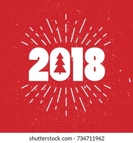 Red and white background with 2018, christmas tree, firework. Decorative backdrop vector. Hand drawn poster design. Happy New Year, colorful greeting card