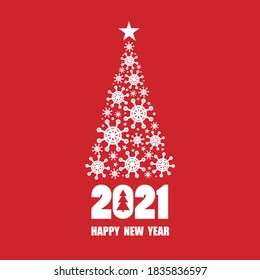 Red and white background with 2021, christmas fir tree, snowflakes. Decorative backdrop vector. Hand drawn poster design, english text. Happy New Year, colorful greeting card. Winter time
