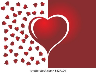 Red and white background with big valentine heart and small red hearts over white