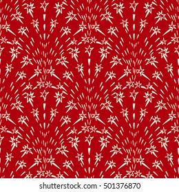 Red and white background with firecracker. Repeatable decorative contrast backdrop. Abstract hand drawn fireworks elements. Seamless holiday pattern. Vector illustration.