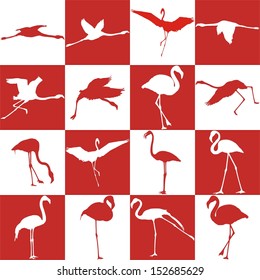 Red and white background with flamingos