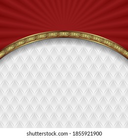 fondo rojo y blanco con borde dorado y patrón vintage