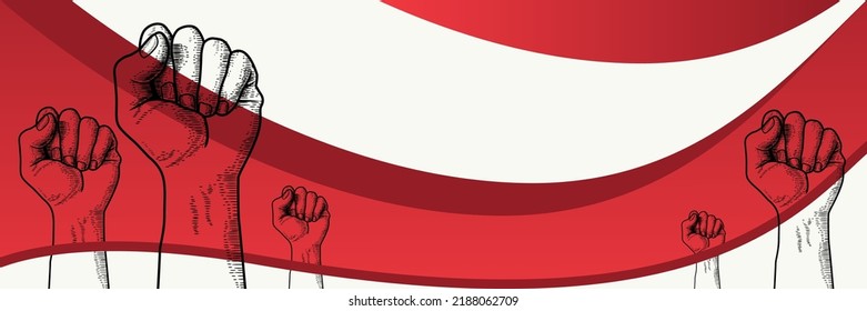 Red and white background with line  drawing clenched hands