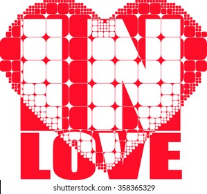 red and white background with mosaic style heart and in love word together vector print pattern. for fashion and graphic design, valentines with special day gift print offer, t shirt print, poster