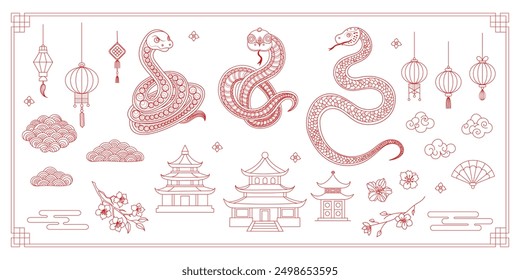 A red and white background with a snake and a lot of other things. The snake is the main focus of the image