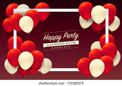 Red and white balloon with frame paper cut. Inflatable air flying balloon isolated on red background. Balloons can be used for making postcards and illustrations. Realistic 3D vector illustration