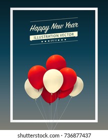 Red and white balloon with frame paper cut in concept happy new year. Inflatable air flying balloon isolated on blue sky background. Balloons can be used for making postcards and illustrations.