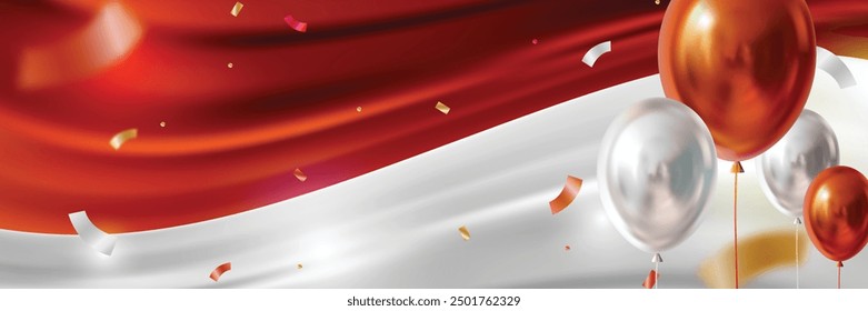 Red and white balloons celebration on red and white Indonesia flag vector background