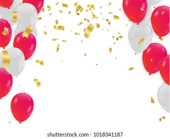 Red White balloons, confetti concept design background. with confetti and red and ribbons.