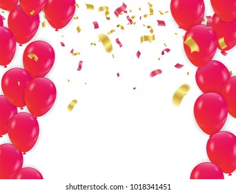 Red White balloons, confetti concept design background. with confetti and red and ribbons.