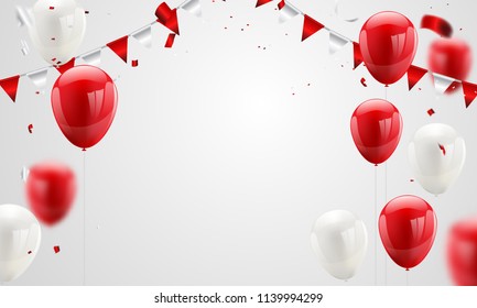 Red White balloons, confetti concept design 17 August Happy Independence Day greeting background. Celebration Vector illustration.