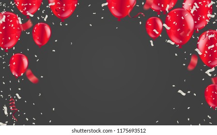 Red White balloons, confetti concept design with isolated on white background. 3D illustration of celebration, party balloons