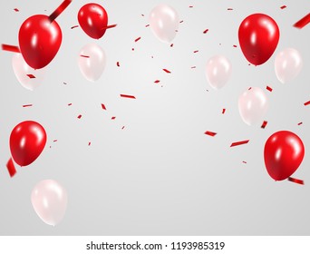 Red White balloons, confetti concept design template Happy Valentine's Day, background Celebration Vector illustration.