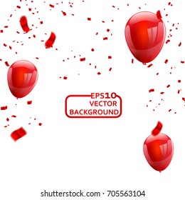 Red White balloons, confetti concept design background. Celebration Vector illustration.