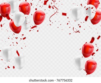 Red White balloons, confetti concept design background. Celebration Vector illustration.