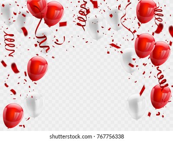 Red White Balloons, Confetti Concept Design Background. Celebration Vector Illustration.