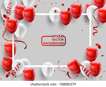 Red White balloons, confetti concept design background. Celebration Vector illustration.