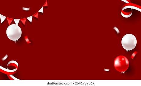 red and white  balloons, confetti and fabric on red background with space for text, suitable for indonesia independence day banner, poland independence day banner.