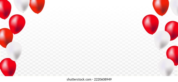 Red and white balloons on isolated transparent background. Birthday party background, Copy space. Vector illustration