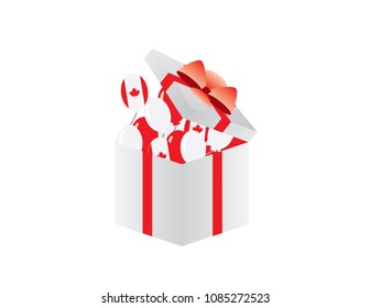 Red and white balloons in a slightly open gift box