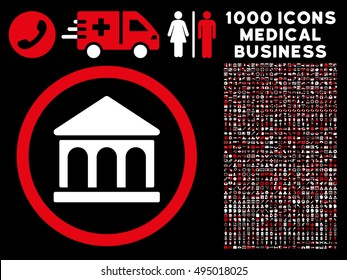 Red And White Bank Building vector bicolor rounded icon. Image style is a flat icon symbol inside a circle, black background. Bonus set has 1000 medical business symbols.