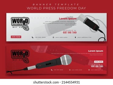 Plantilla de banner rojo y blanco para el Día Mundial de la Libertad de Prensa con diseño de micrófono