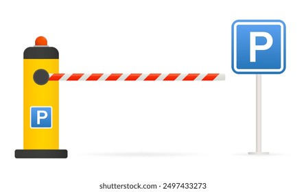 Red and white barrier on a yellow stand with red light. Checkpoint, Restricted entry, closed access, private parking for official transport, paid, car park, document check. Vector illustration