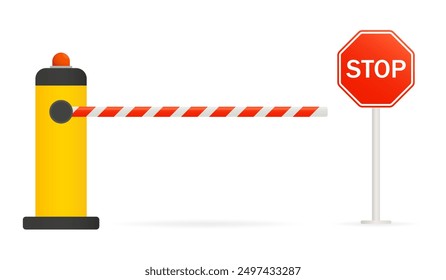 Red and white barrier on a yellow stand with red light and stop sign. Checkpoint, Restricted entry, closed access, private parking for official transport, paid, car park, document check. Vector