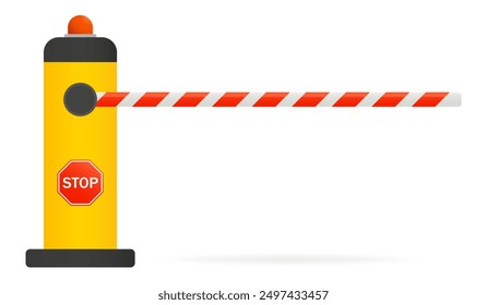 Red and white barrier on a yellow stand with red light and stop sign. Checkpoint, Restricted entry, closed access, private parking for official transport, paid, car park, document check. Vector