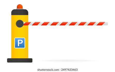 Red and white barrier on a yellow stand with red light. Checkpoint, Restricted entry, closed access, private parking for official transport, paid, car park, document check. Vector illustration