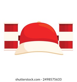 Red and white baseball cap is sitting between two soda cans, bringing to mind a refreshing break