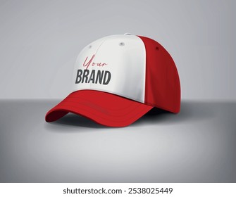 Red and white baseball caps mock up with logo in gray background, front sides. For branding and advertising.