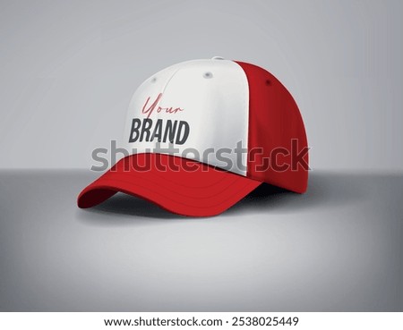 Red and white baseball caps mock up with logo in gray background, front sides. For branding and advertising.