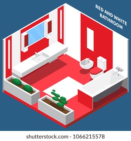 Red and white bath room interior with plumbing and decoration from plants isometric composition vector illustration