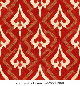 Red and white batik pattern with geometric motifs, grunge lines ikat pattern, ikat seamless pattern, Vector illustration background for print the paper.