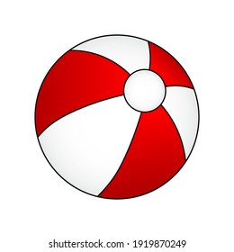 Red and white beach ball, with black outline, vector illustration.