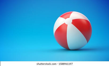 Red and white beach ball on blue gradient background. Realistic vector illustration