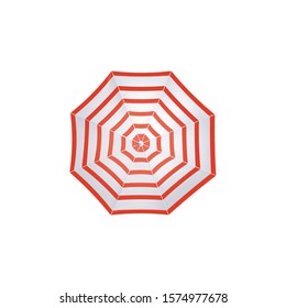 Red and white beach striped umbrella seen from top view, colorful vintage weather accessory for sun and rain protection - isolated vector illustration on white background