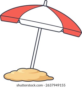 Red and white beach umbrella inserted in sand, summer holiday vibe.