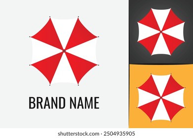 Red white beach umbrella logo. Weather protection parasol logotype. Rain or sun Umbrella logo