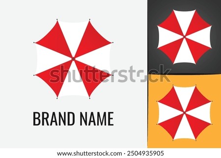 Red white beach umbrella logo. Weather protection parasol logotype. Rain or sun Umbrella logo