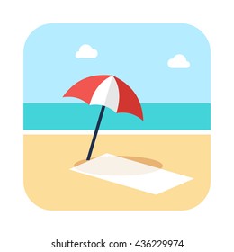 Red and white beach umbrella and mat on a sandy beach. Coloured flat vector illustration