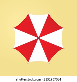 Red and white beach umbrella on sand background, top view. Vector flat illustration