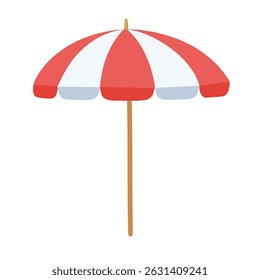 A red and white beach umbrella with a wooden handle on a white background vector