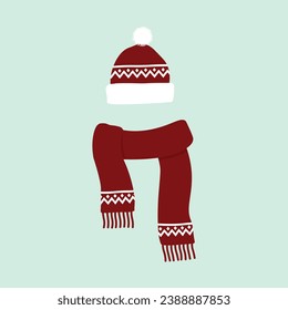 Rote und weiße Mütze und Schal-Flachgrafik-Vektorgrafik im Cartoon-Stil. Für Winter, Weihnachten und neues Jahr Grußkarten, Banner, Tags, Etiketten, Hintergrund. Winterkleidung. Zubehör.