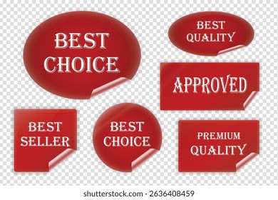 Red and white Best Choice, Best Seller, Approved, Best Quality and Premium Quality labels (stickers) with wrinkled edges, vector (EPS) illustration, adhesive labels set