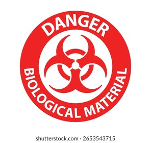 Sinal vermelho e branco de aviso de perigo biológico com as palavras "MATERIAL BIOLÓGICO DE PERIGO" num círculo. Ilustração vetorial.